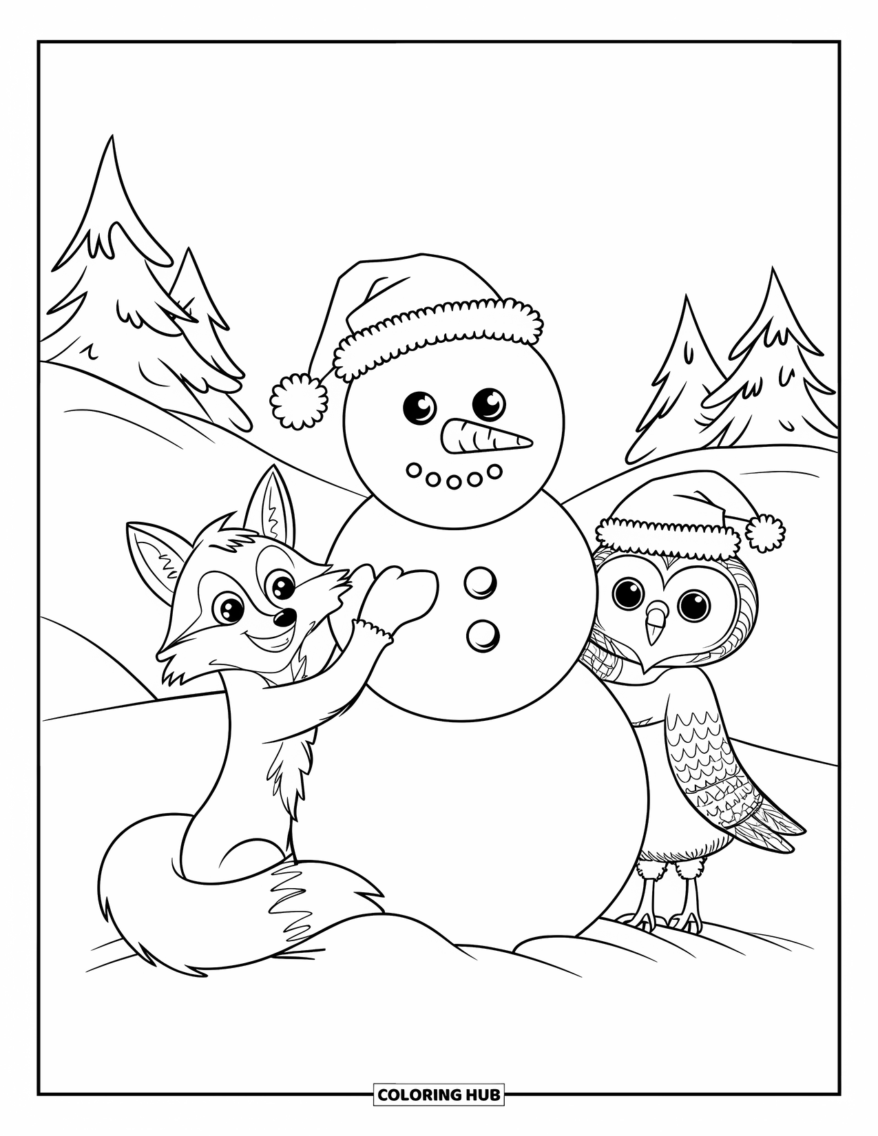 Christmas Animal Coloring Page for Kids: Fox and owl make a snowman with hats in a snowy forest