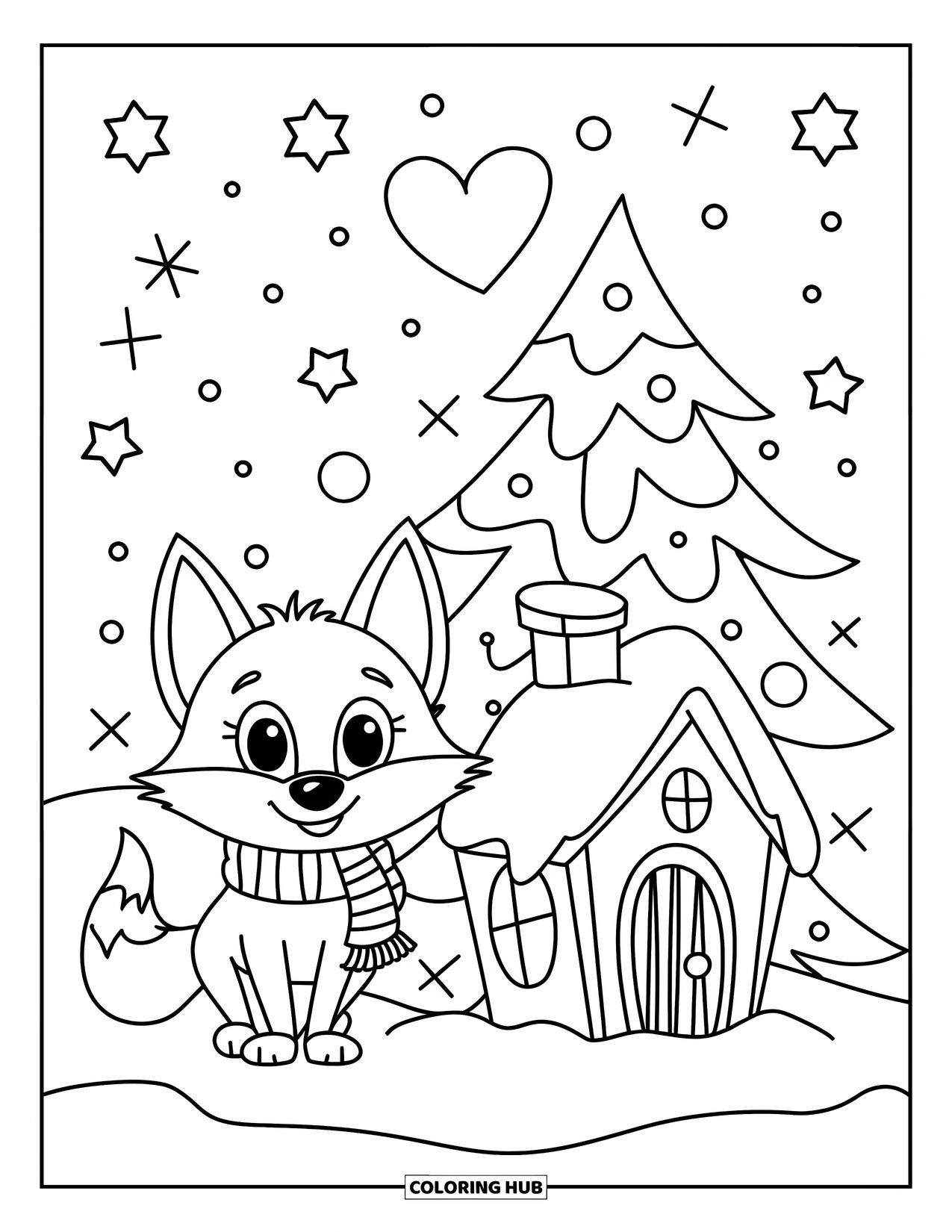 Christmas Animal Coloring Page for Kids: Fox in scarf stands near a snowy house and festive Christmas trees