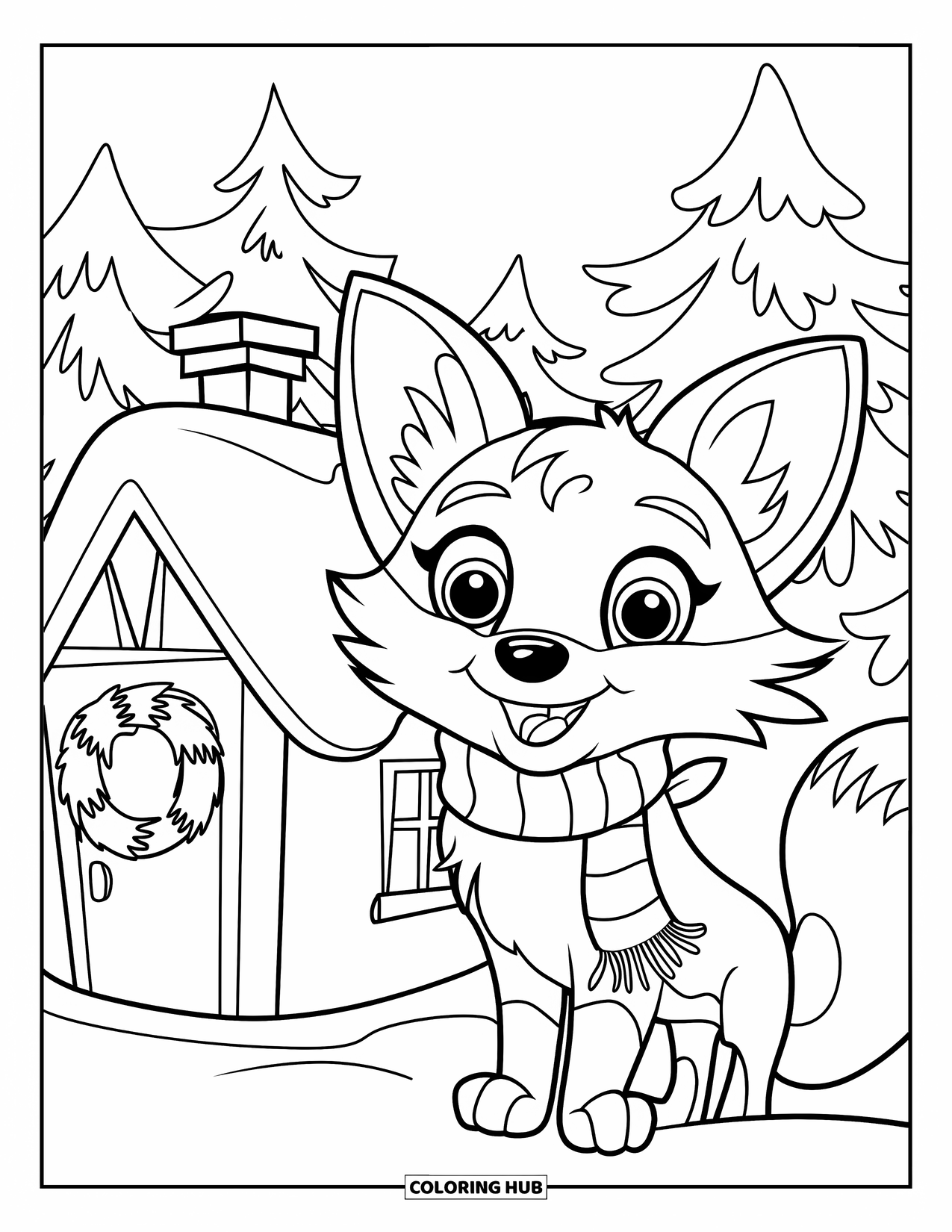 Christmas Animal Coloring Page for Kids: Fox with big eyes and scarf stands near a snowy house with wreath