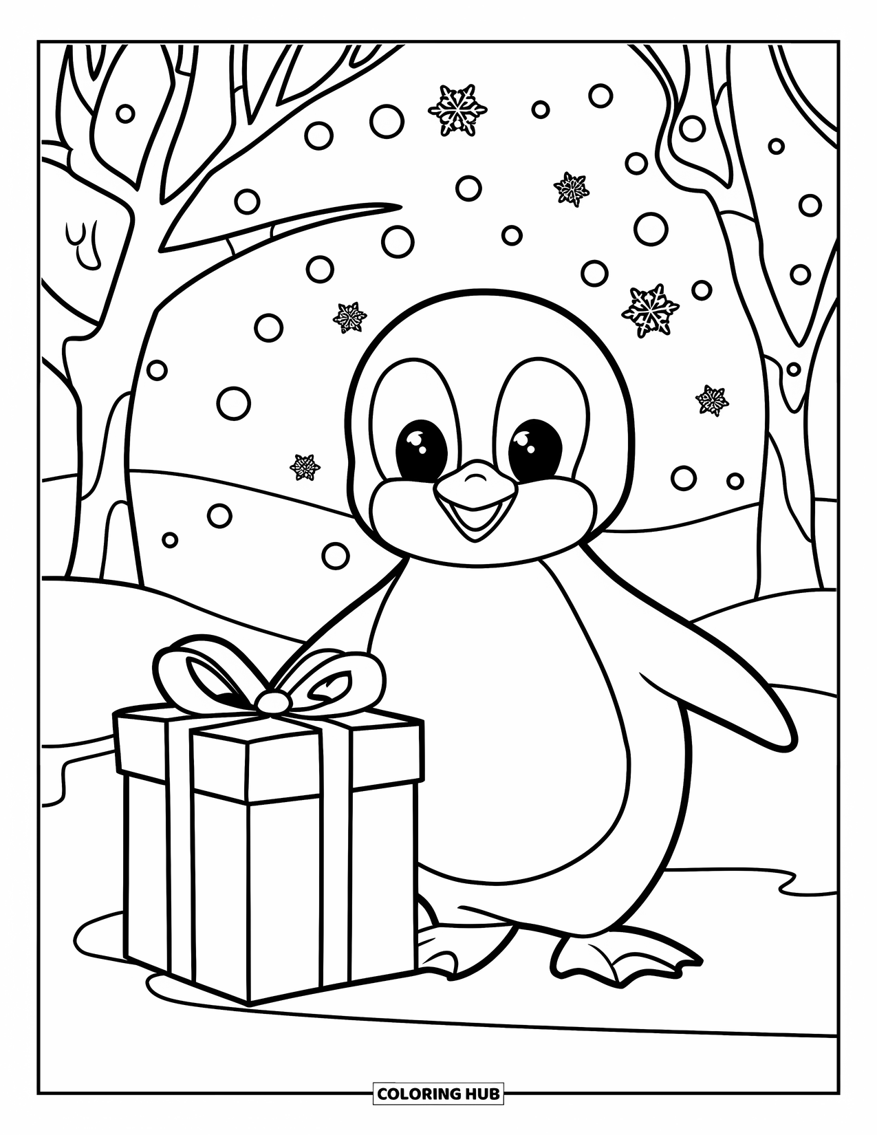 Christmas Animal Coloring Page for Kids: Penguin and gift box sit in the snow with falling snowflakes