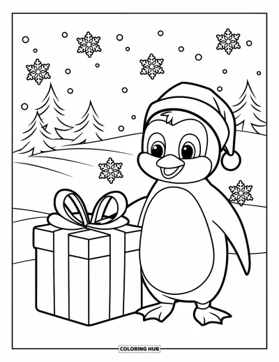 Desen de colorat cu animale de Crăciun pentru copii: Un pinguin lângă o cutie cadou zâmbind în timp ce cad fulgi de nea