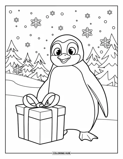 Desen de colorat cu animale de Crăciun pentru copii: Un pinguin stând lângă o cutie cadou împachetată în ninsoare