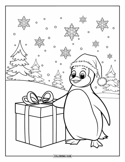 Desen de colorat cu animale de Crăciun pentru copii: Un pinguin stând lângă o cutie cadou cu fulgi de nea căzând lin