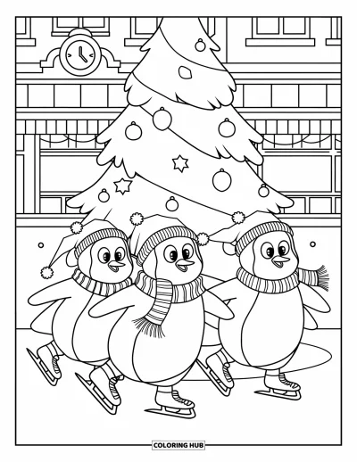 Desen de colorat cu animale de Crăciun pentru copii: Pinguini cu căciuli și fulare patinând în jurul unui brad de Crăciun festiv