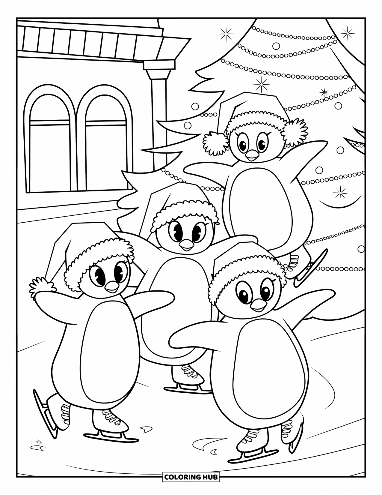 Christmas Animal Coloring Page for Kids: Penguins in striped outfits skate joyfully around a glowing Christmas tree