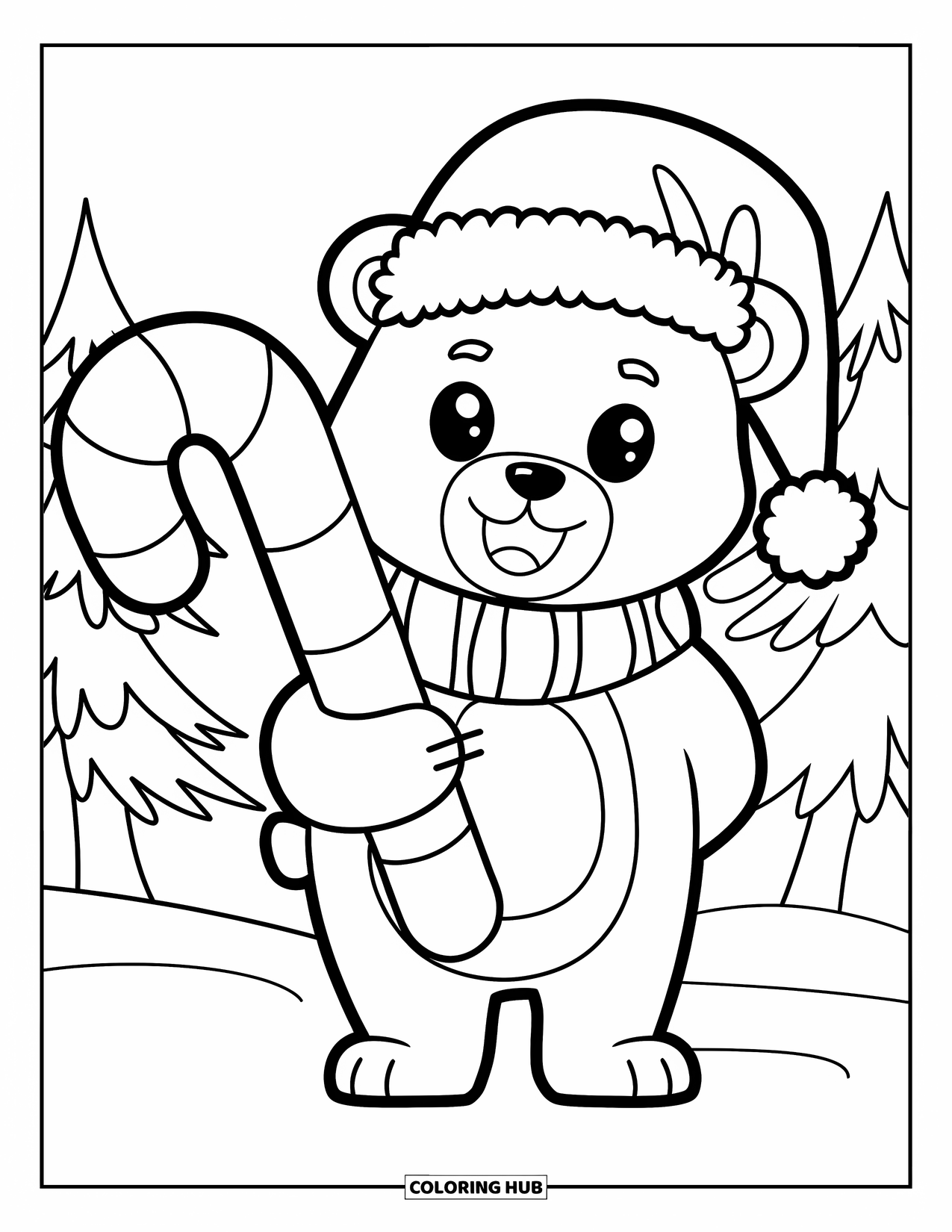 Christmas Animal Coloring Page for Kids: Polar bear in hat hugs a big candy cane on snowy ground