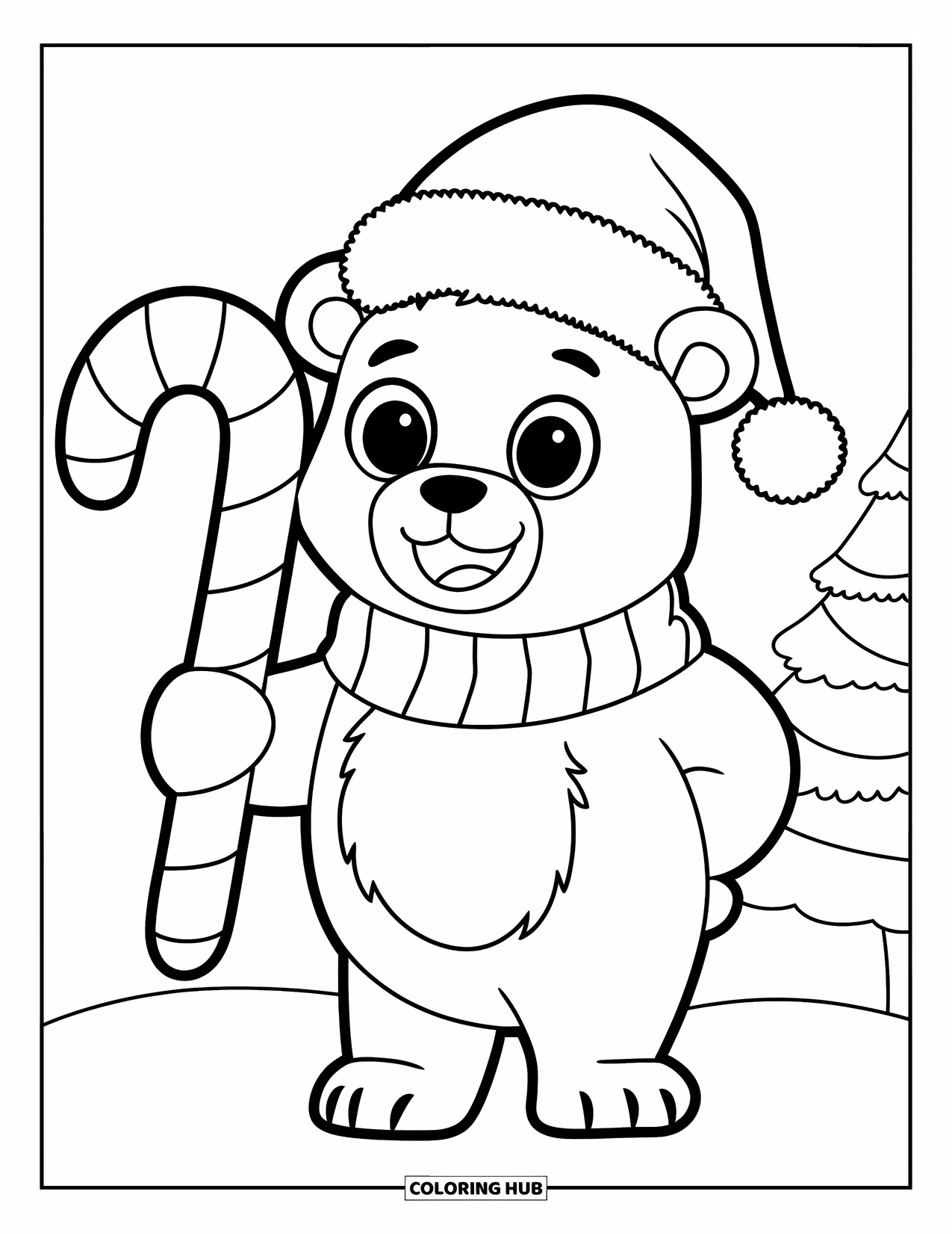 Christmas Animal Coloring Page for Kids: Polar bear in Santa hat stands with candy cane by a tree