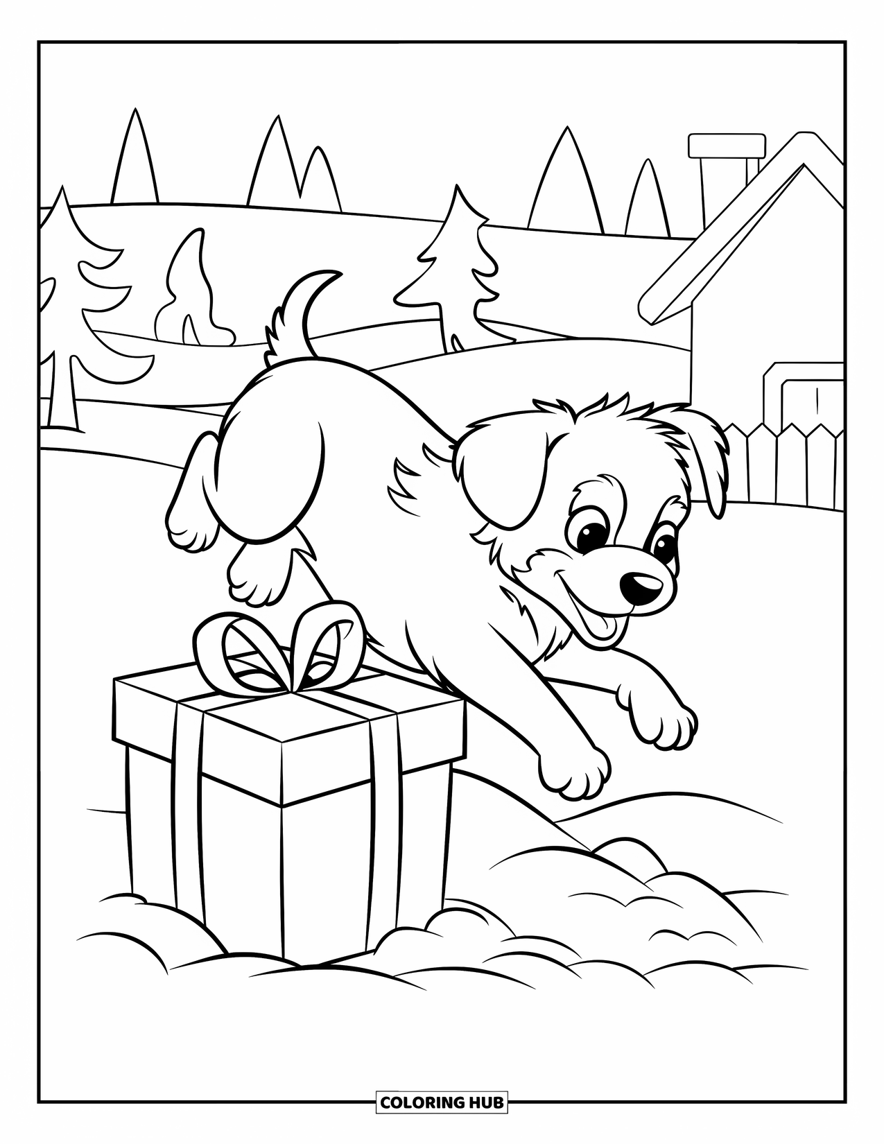 Christmas Animal Coloring Page for Kids: Puppy jumps into a snowy pile beside a gift box and cozy house