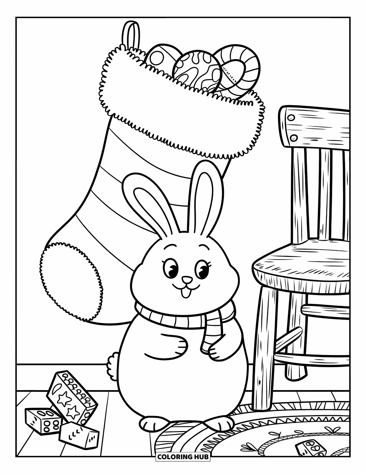 Christmas Animal Coloring Page for Kids: Rabbit in scarf sits near a stocking spilling toys in a cozy room