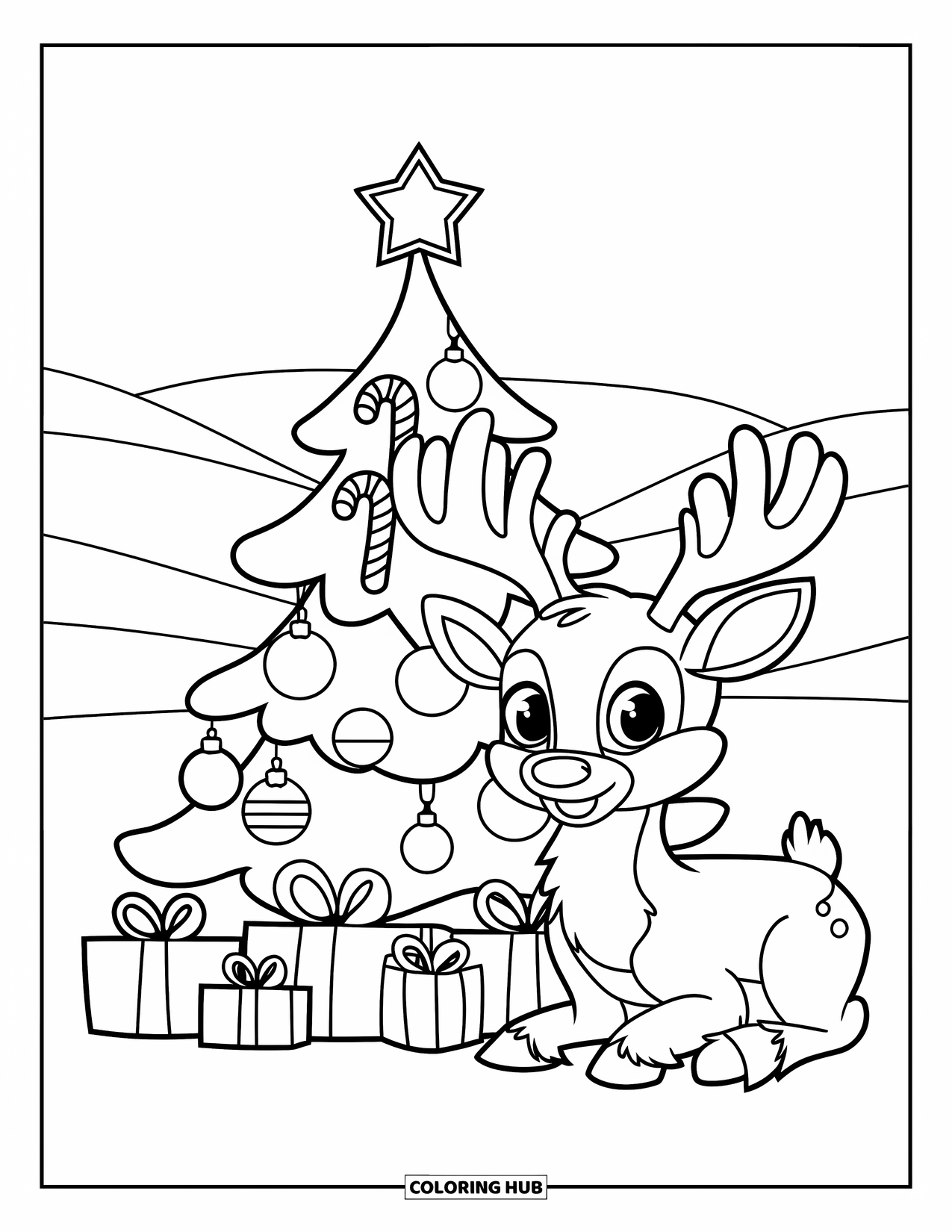 Christmas Animal Coloring Page for Kids: Reindeer sits beside a Christmas tree with ornaments and presents