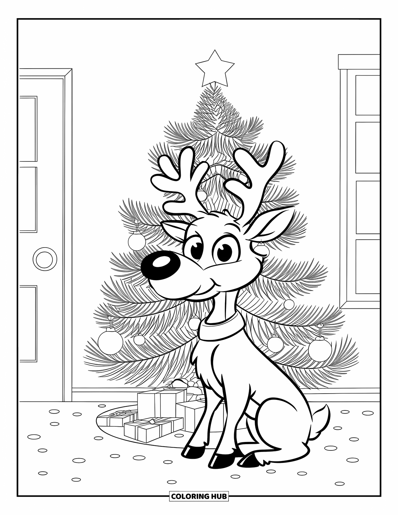 Christmas Animal Coloring Page for Kids: Reindeer with collar sits beside a lit Christmas tree in a cozy room