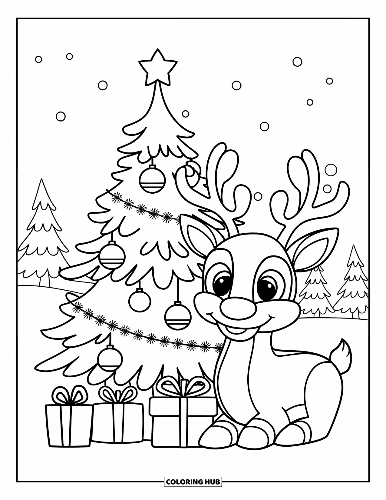 Christmas Animal Coloring Page for Kids: Reindeer with red nose sits near a decorated tree and wrapped gifts