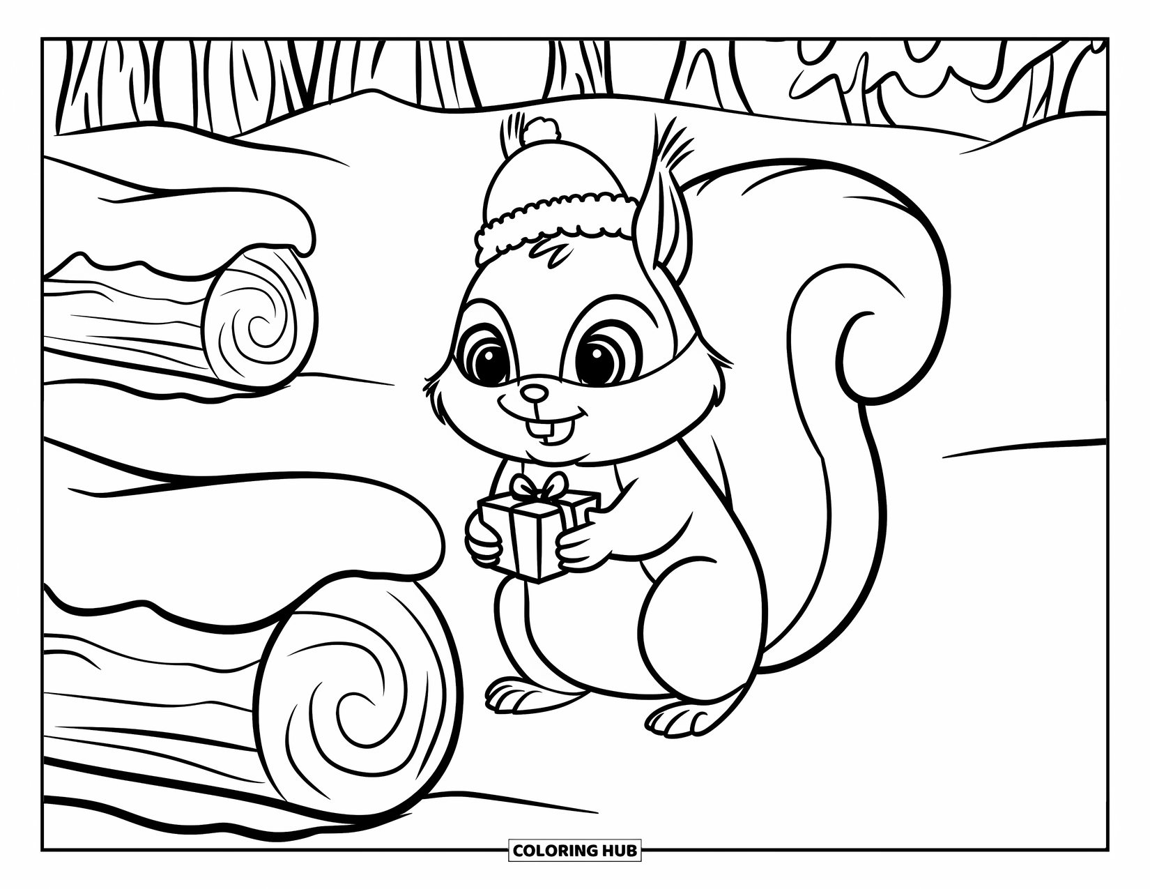 Christmas Animal Coloring Page for Kids: Squirrel with a tiny gift sits near a snowy log in the forest