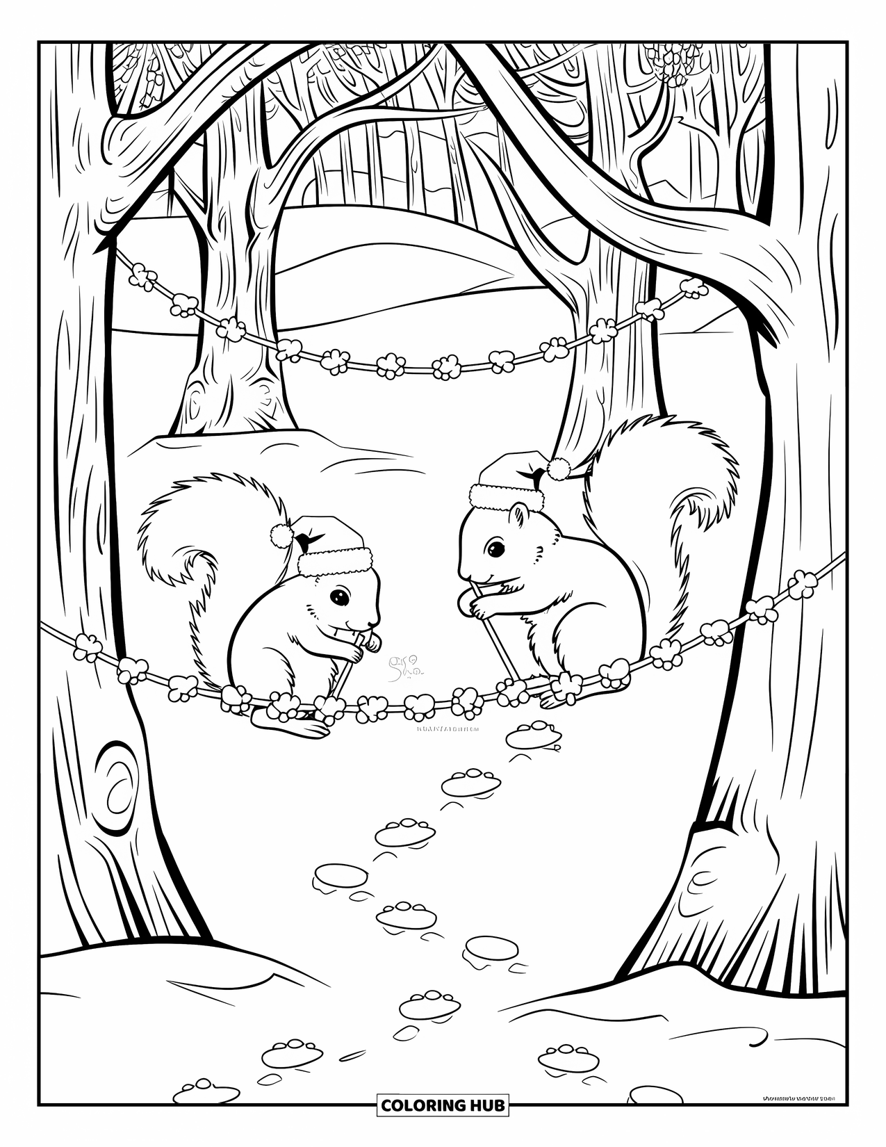 Christmas Animal Coloring Page for Kids: Squirrels in hats stringing popcorn garlands on snowy tree branches