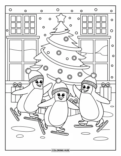 Desen de colorat cu animale de Crăciun pentru copii: Trei pinguini patinând fericiți în jurul unui brad de Crăciun împodobit