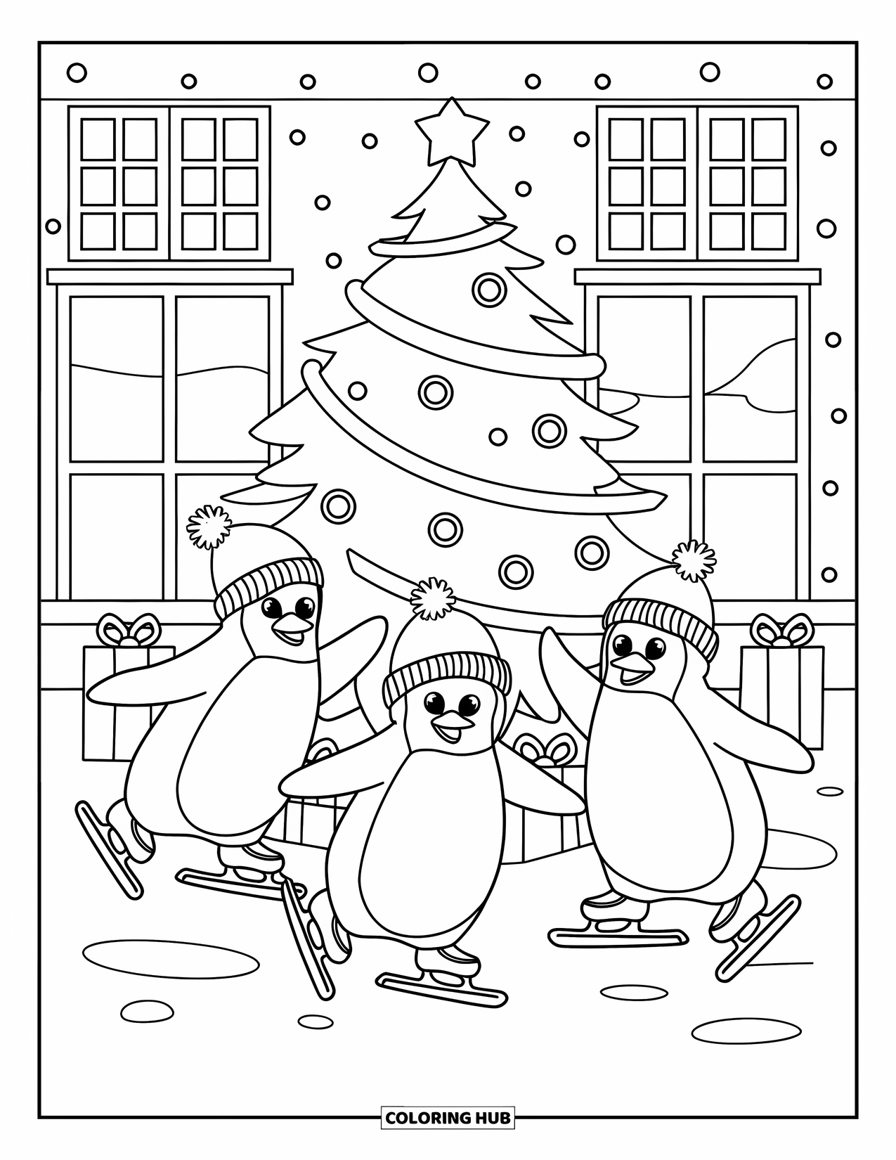 Christmas Animal Coloring Page for Kids: Three penguins skate happily around a decorated Christmas tree