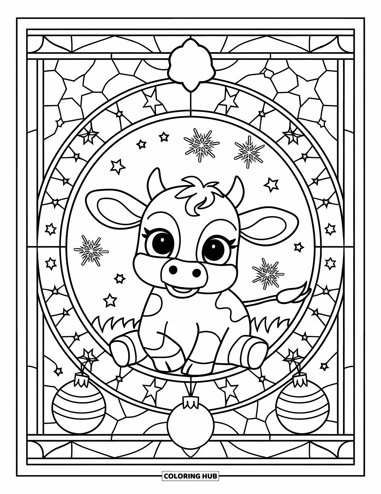 Christmas Cow Coloring Page for Adults: A baby cow inside a stained glass frame of stars, ornaments, and snowflakes