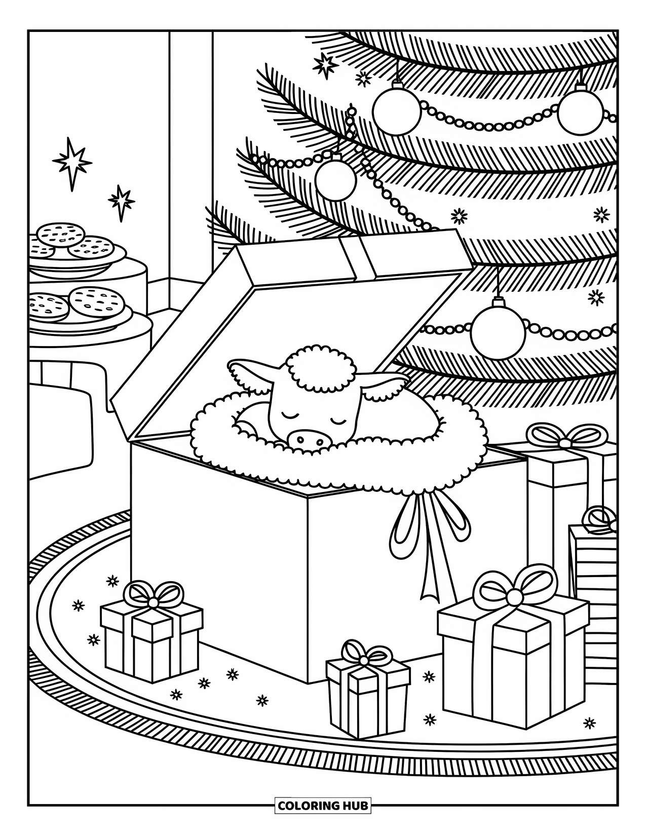 Christmas Cow Coloring Page for Adults: A baby cow napping inside a gift box beneath a Christmas tree with presents