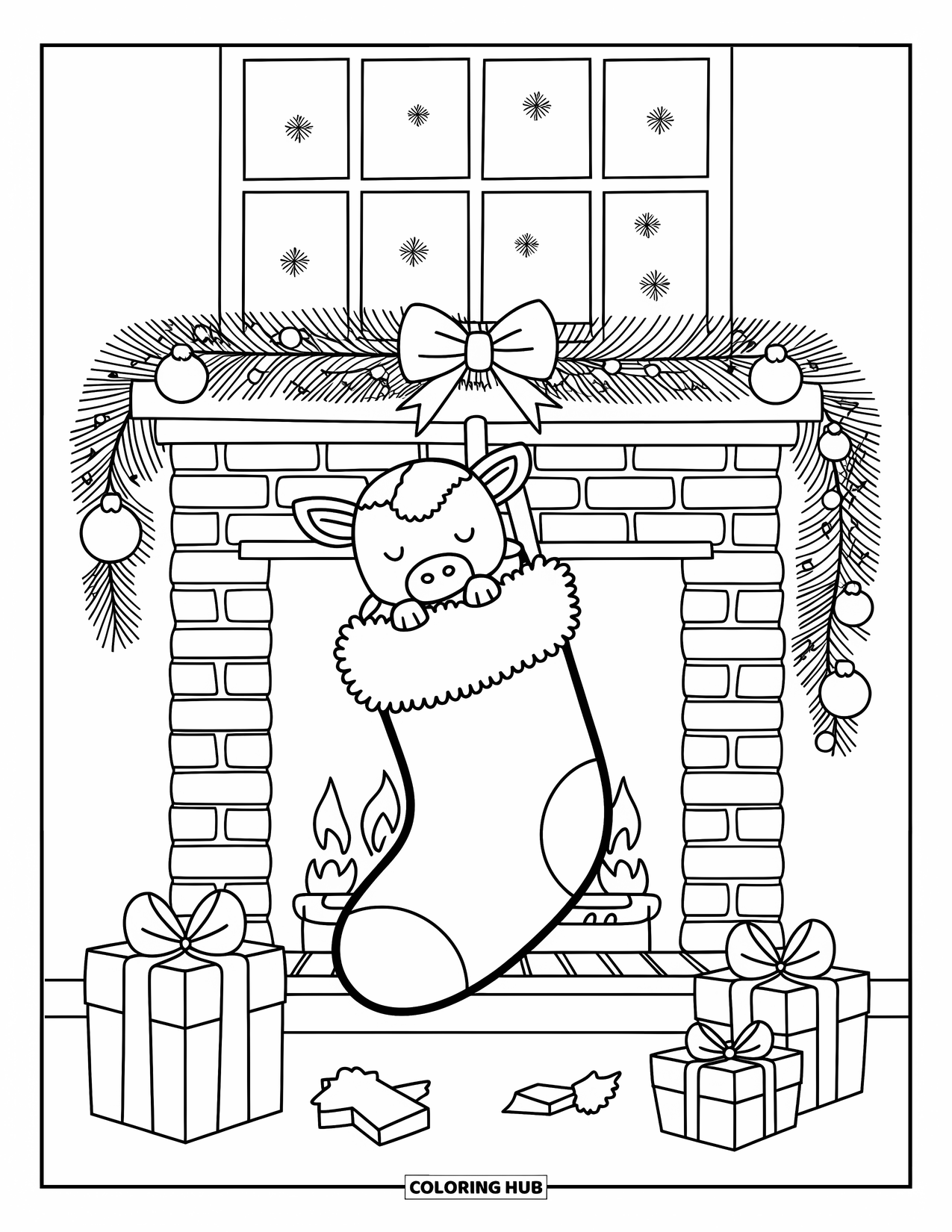 Christmas Cow Coloring Page for Adults: A baby cow snoozing in a stocking with garland, ornaments, and snowy window views
