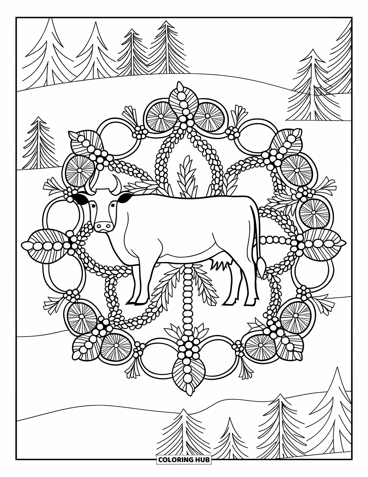 Christmas Cow Coloring Page for Adults: A cow framed by a mandala of garlands, pinecones, and mistletoe in snowy trees