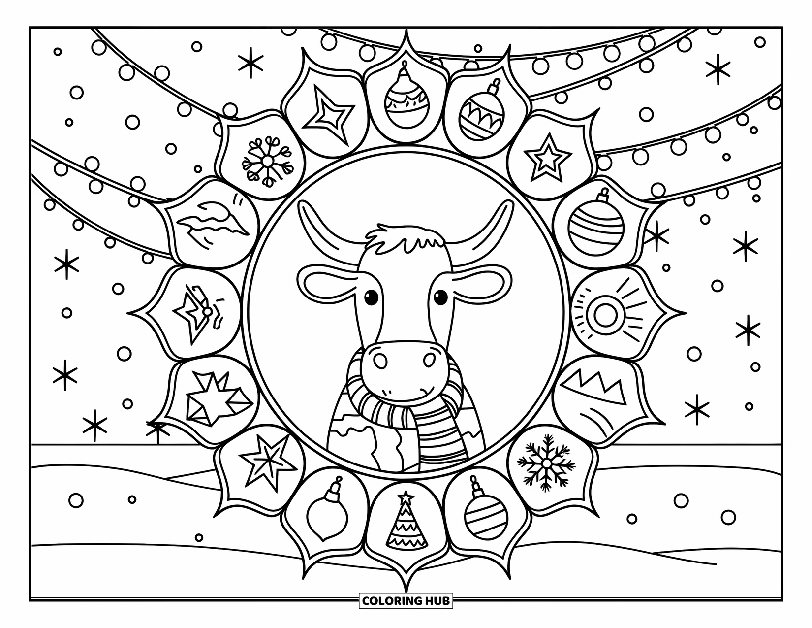 Christmas Cow Coloring Page for Adults: A cow in a scarf framed by a mandala of stars, trees, and ornaments