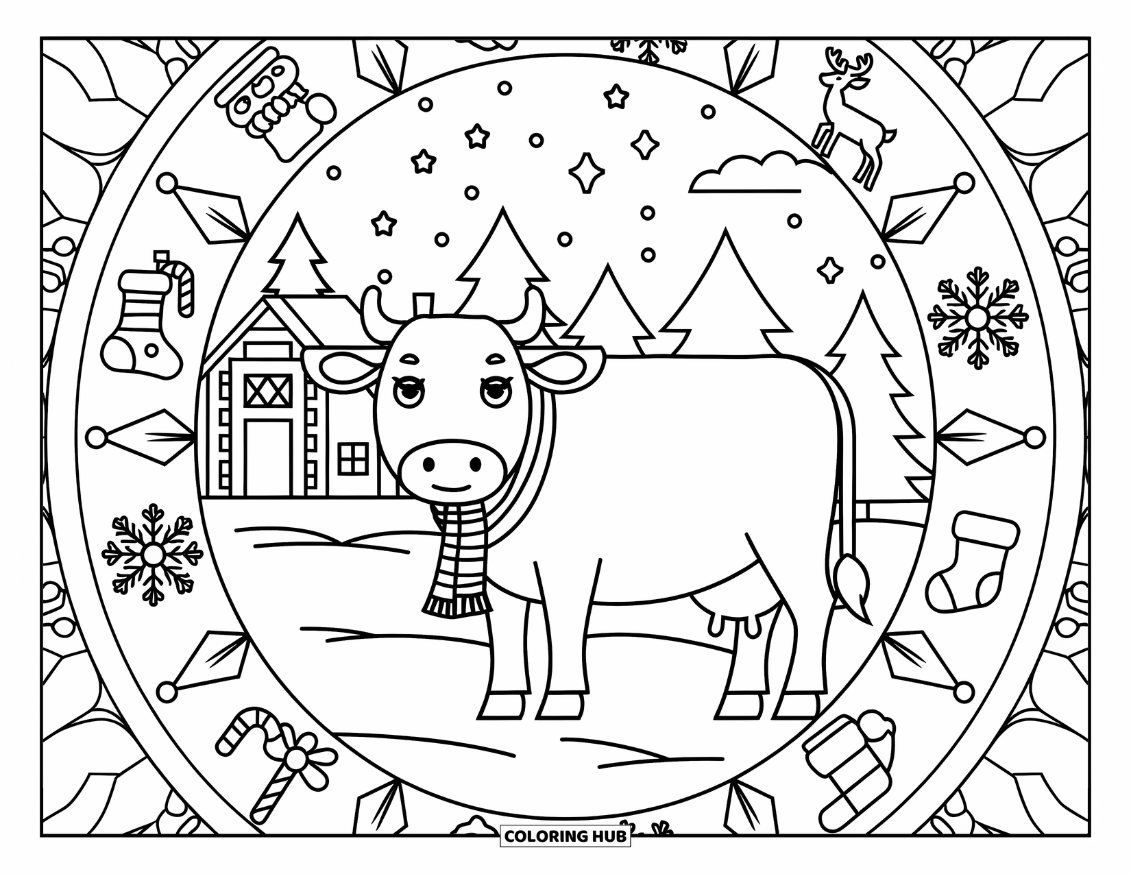 Christmas Cow Coloring Page for Adults: A cow in a scarf with a mandala of festive icons and a snowy scene