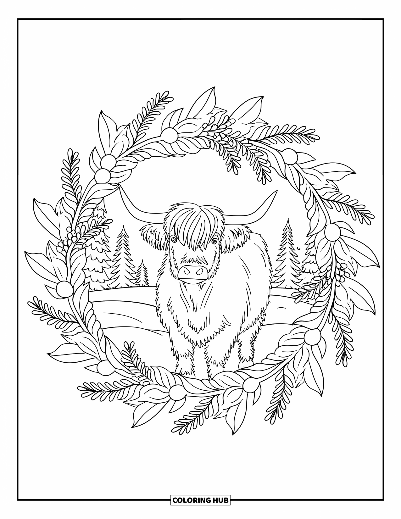 Christmas Cow Coloring Page for Adults: A Highland cow centered in a wreath-shaped mandala of winter foliage and snow
