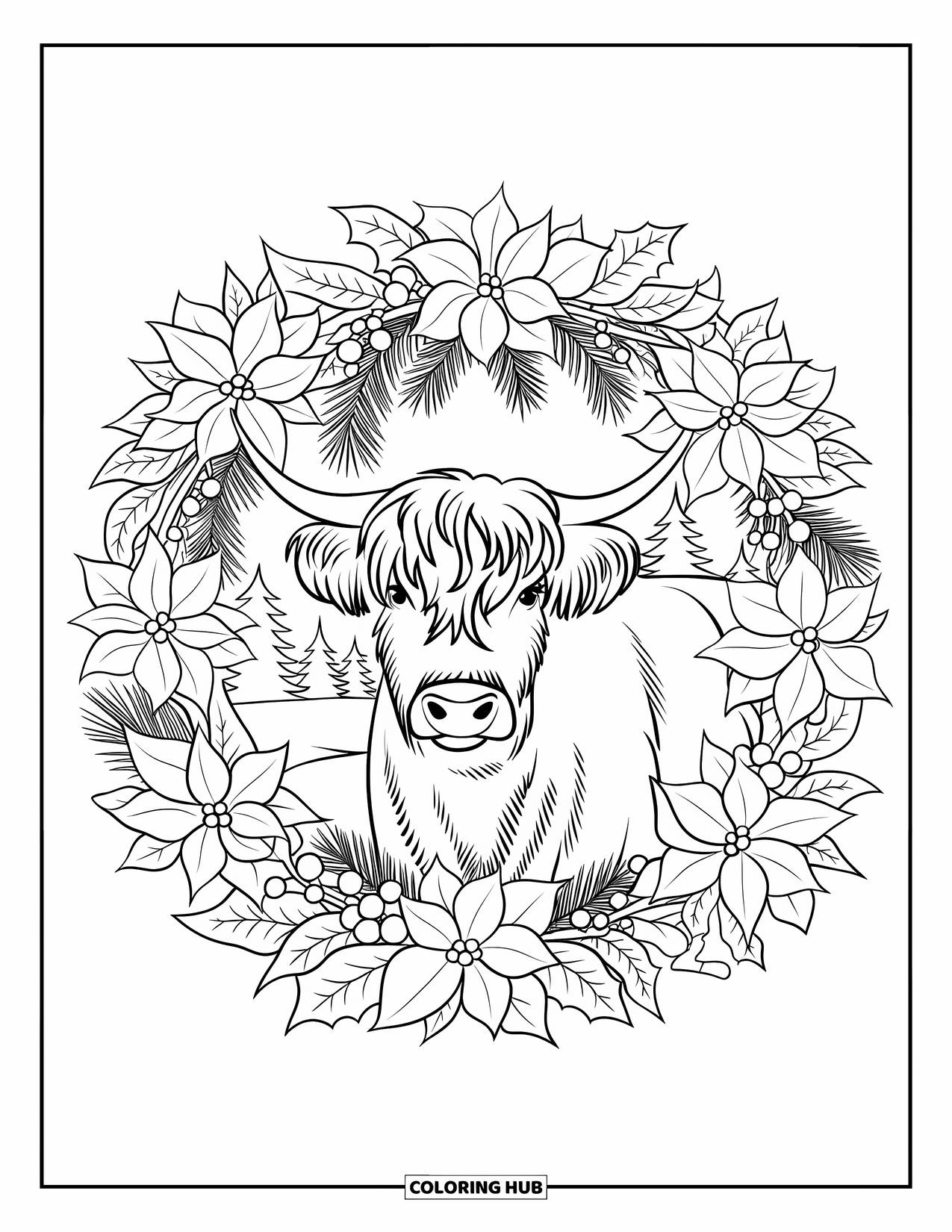 Christmas Cow Coloring Page for Adults: A Highland cow in a floral ring of poinsettias, holly leaves, and snowy trees