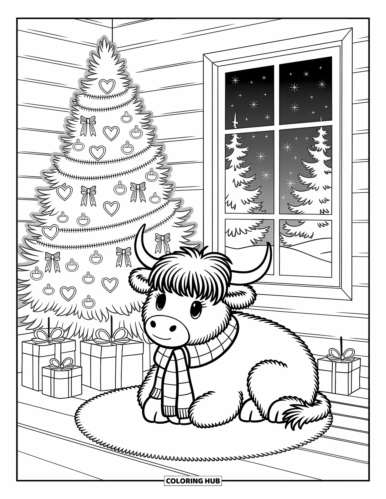 Christmas Cow Coloring Page for Adults: A Highland cow on a rug with a present beside a tall decorated Christmas tree