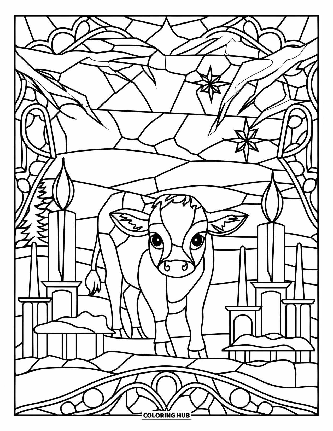 Christmas Cow Coloring Page for Adults: A stained glass window scene with a baby cow, candles, stars, and snowy trees