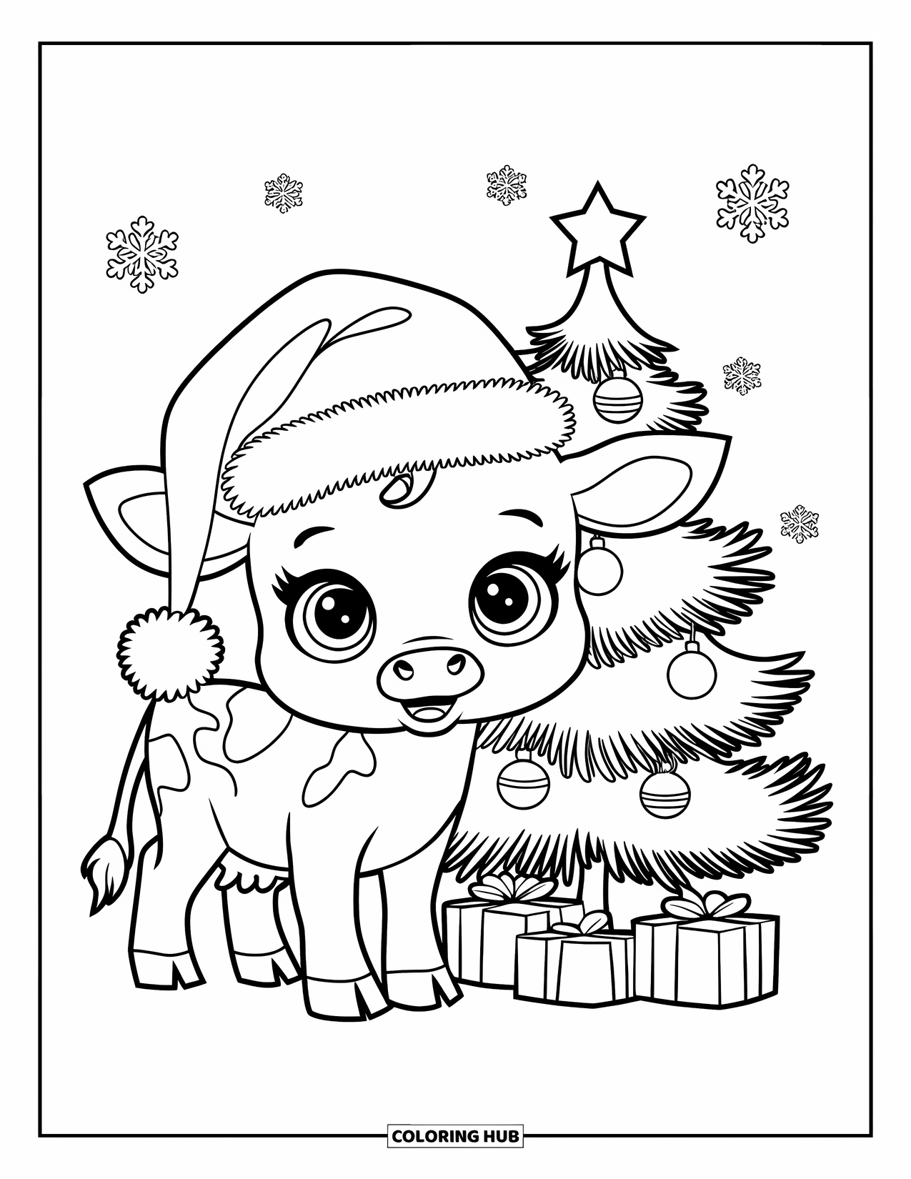 Christmas Cow Coloring Page for Kids: A baby cow in a Santa hat beside a decorated tree with a star