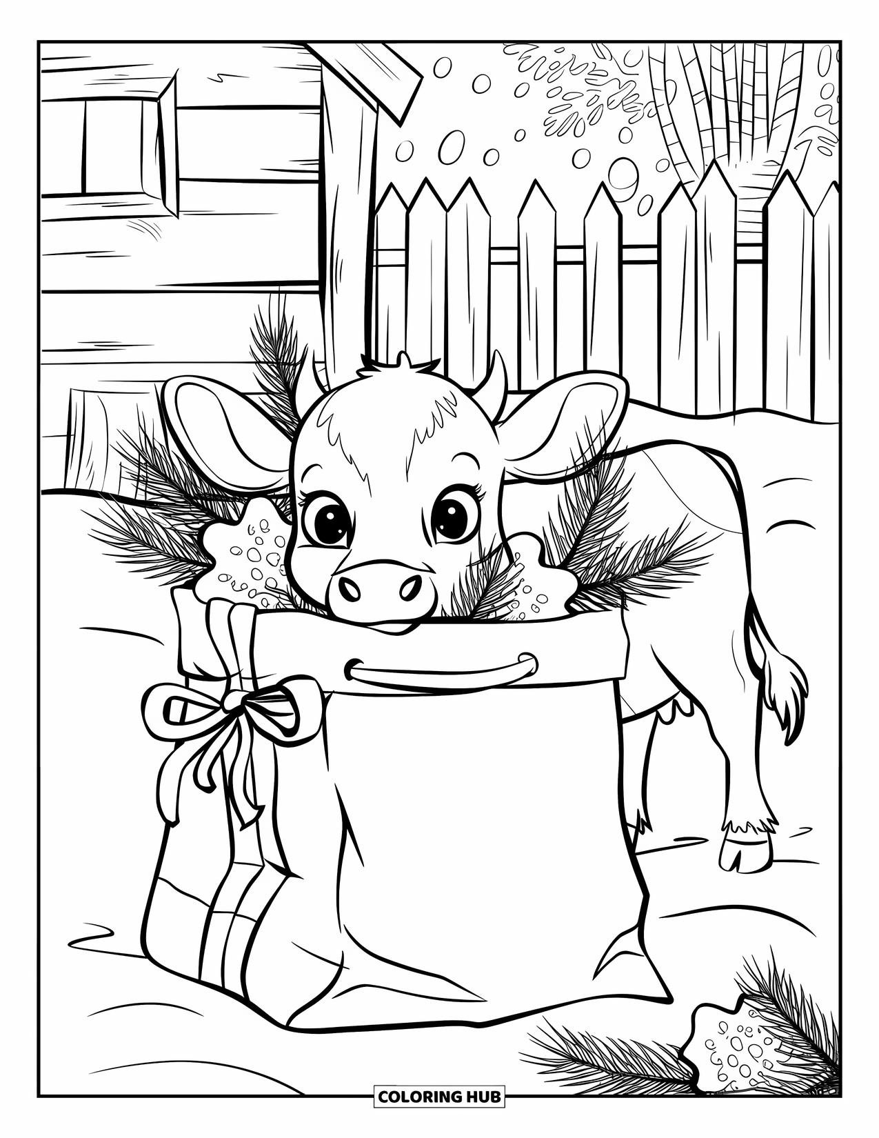 Christmas Cow Coloring Page for Kids: A baby cow looking into a ribboned gift bag near a snowy shed and fence