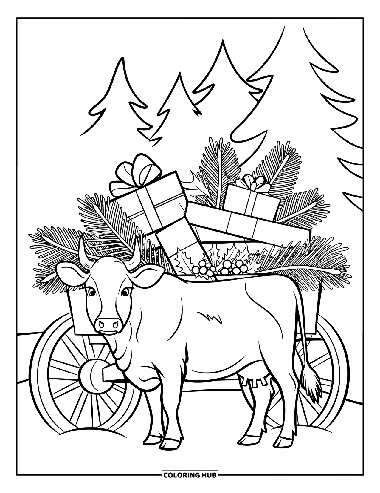 Christmas Cow Coloring Page for Kids: A cow next to a wagon of pine, gifts, and holly in a snowy field