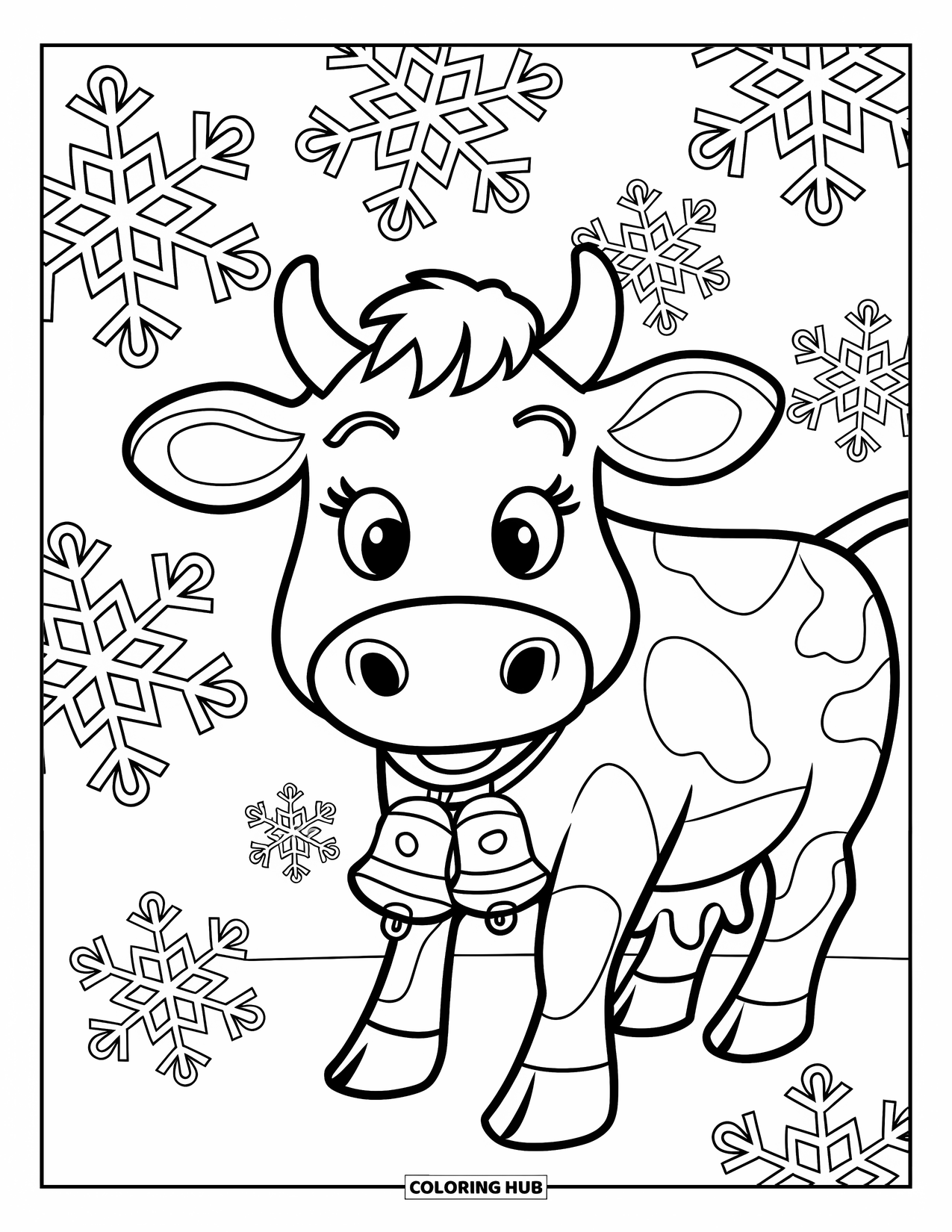 Christmas Cow Coloring Page for Kids: A cow with a bell collar smiling among big festive snowflakes