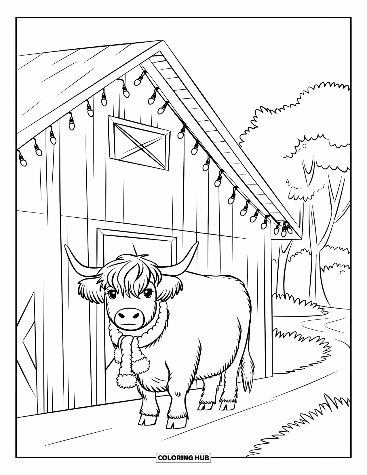 Christmas Cow Coloring Page for Kids: A highland cow in a scarf standing near a wooden barn with lights