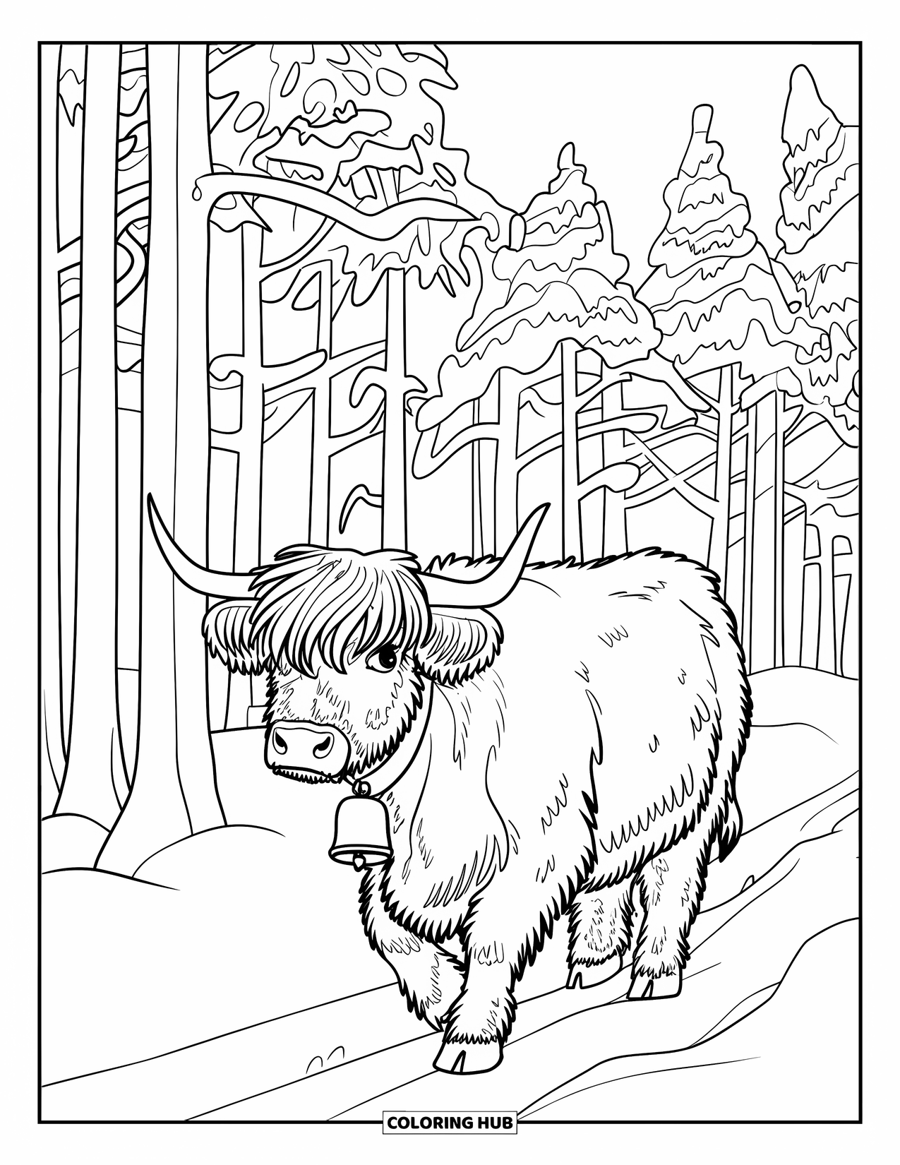 Christmas Cow Coloring Page for Kids: A highland cow in a snowy forest with a jingling bell collar