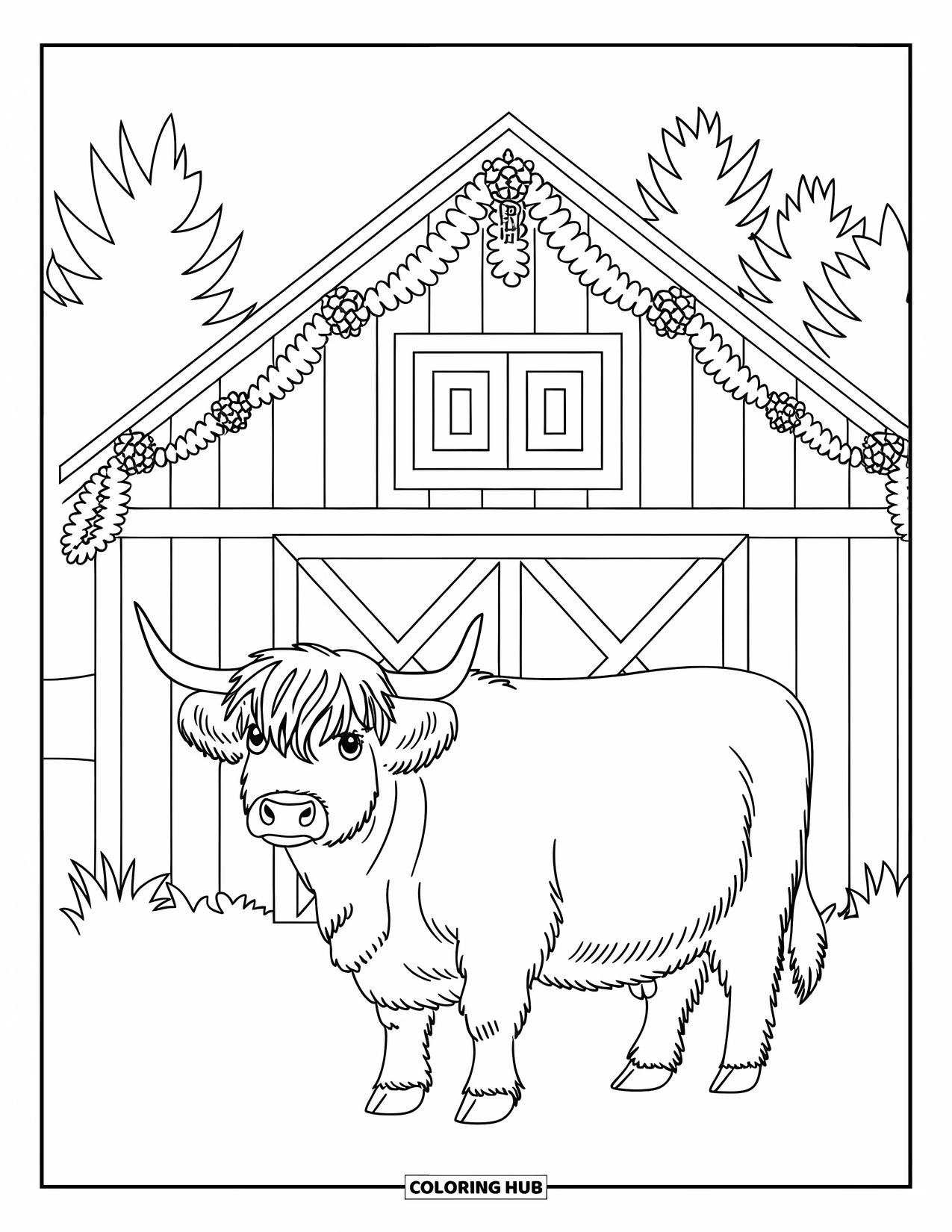 Christmas Cow Coloring Page for Kids: A highland cow standing before a barn decorated with garlands and pinecones
