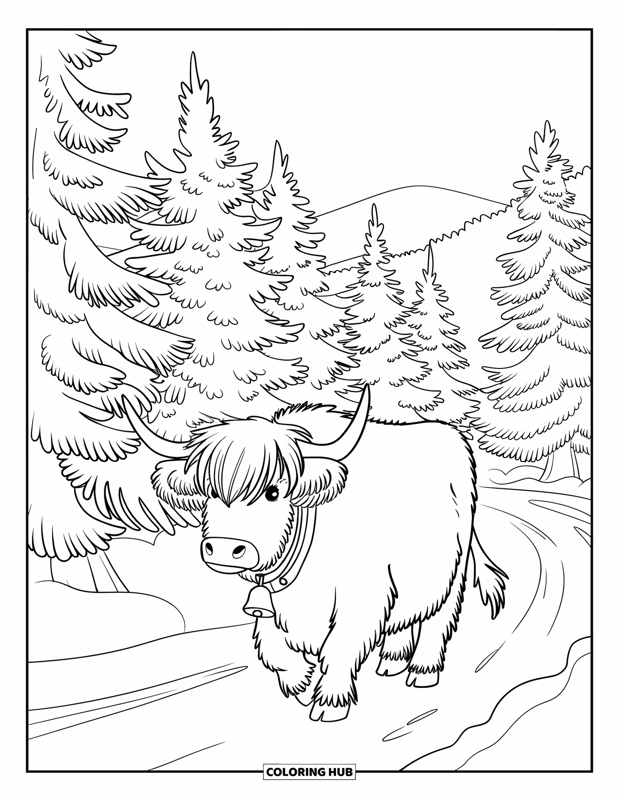 Christmas Cow Coloring Page for Kids: A highland cow wearing a bell collar walking in a snowy pine forest