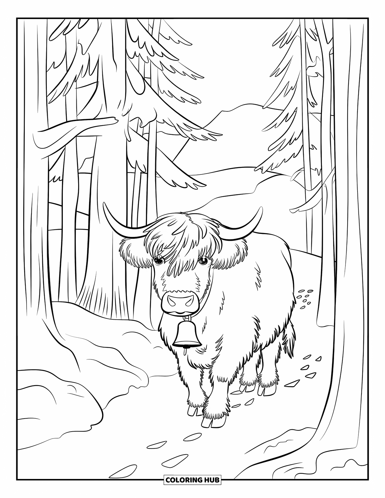 Christmas Cow Coloring Page for Kids: A highland cow with a bell collar walking through snowy trees and mountains
