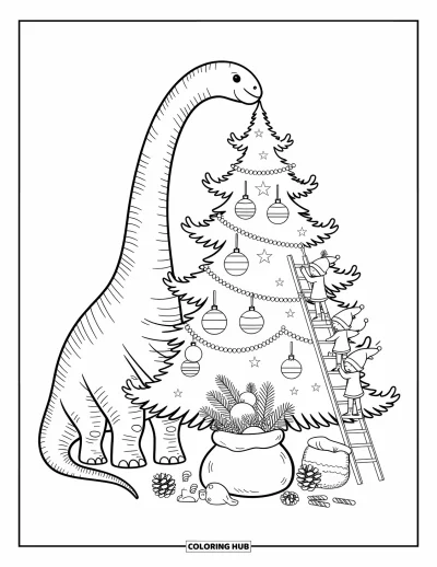 Vánoční omalovánka dinosaura pro dospělé: Brachiosaurus pomáhá skřítkům ozdobit obrovský vánoční stromek ozdobami