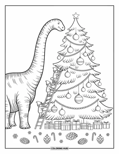 Vánoční omalovánka dinosaura pro dospělé: Brachiosaurus se nakláni k vysokému stromku, zatímco skřítci šplhají po žebřících a zdobí ho