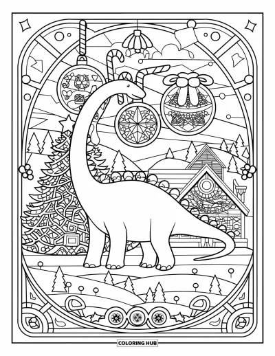 Vánoční omalovánka dinosaura pro dospělé: Silueta Brachiosaura ve vitrážovém stylu se stromky a chaloupkou