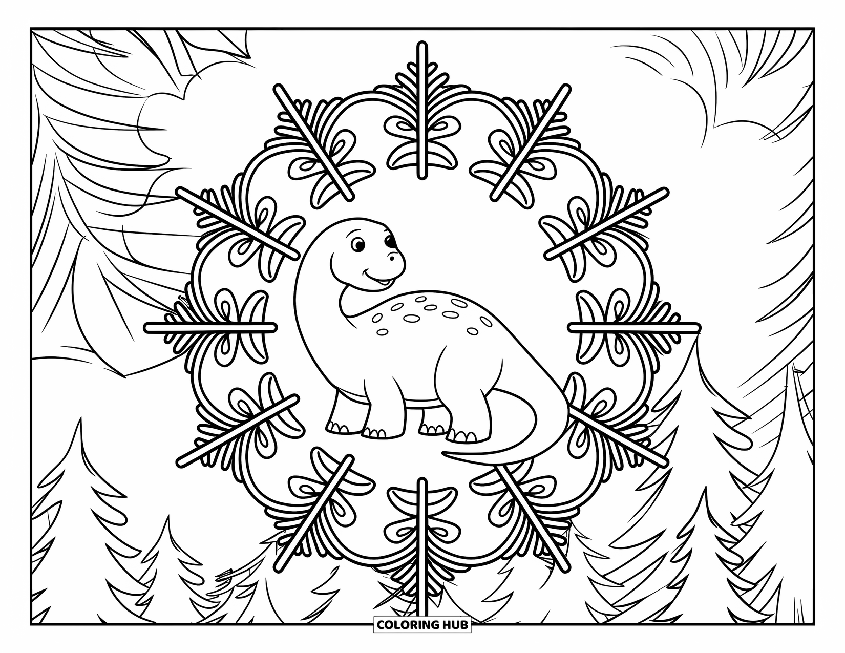 Christmas Dinosaur Coloring Page for Adults: A dinosaur sits calmly inside layers of snowflake mandalas and pine