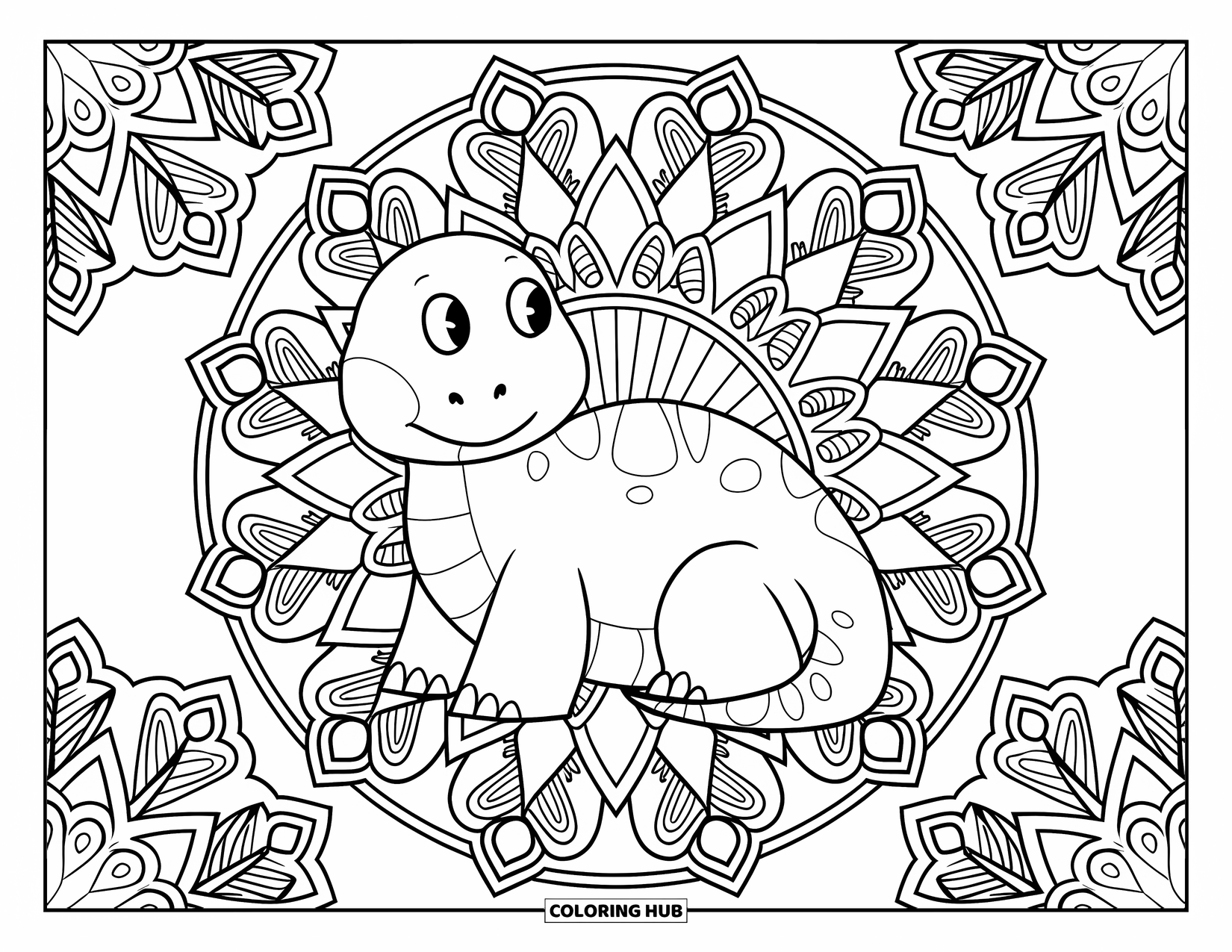 Christmas Dinosaur Coloring Page for Adults: A peaceful dinosaur sits within snowflake mandalas and detailed patterns