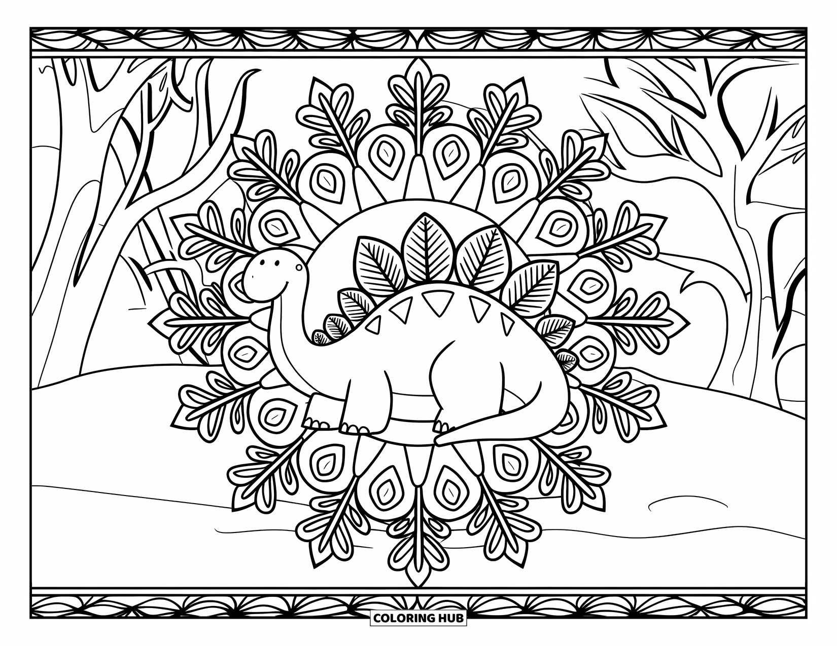 Christmas Dinosaur Coloring Page for Adults: A peaceful dinosaur sits within snowflake mandalas and pine details