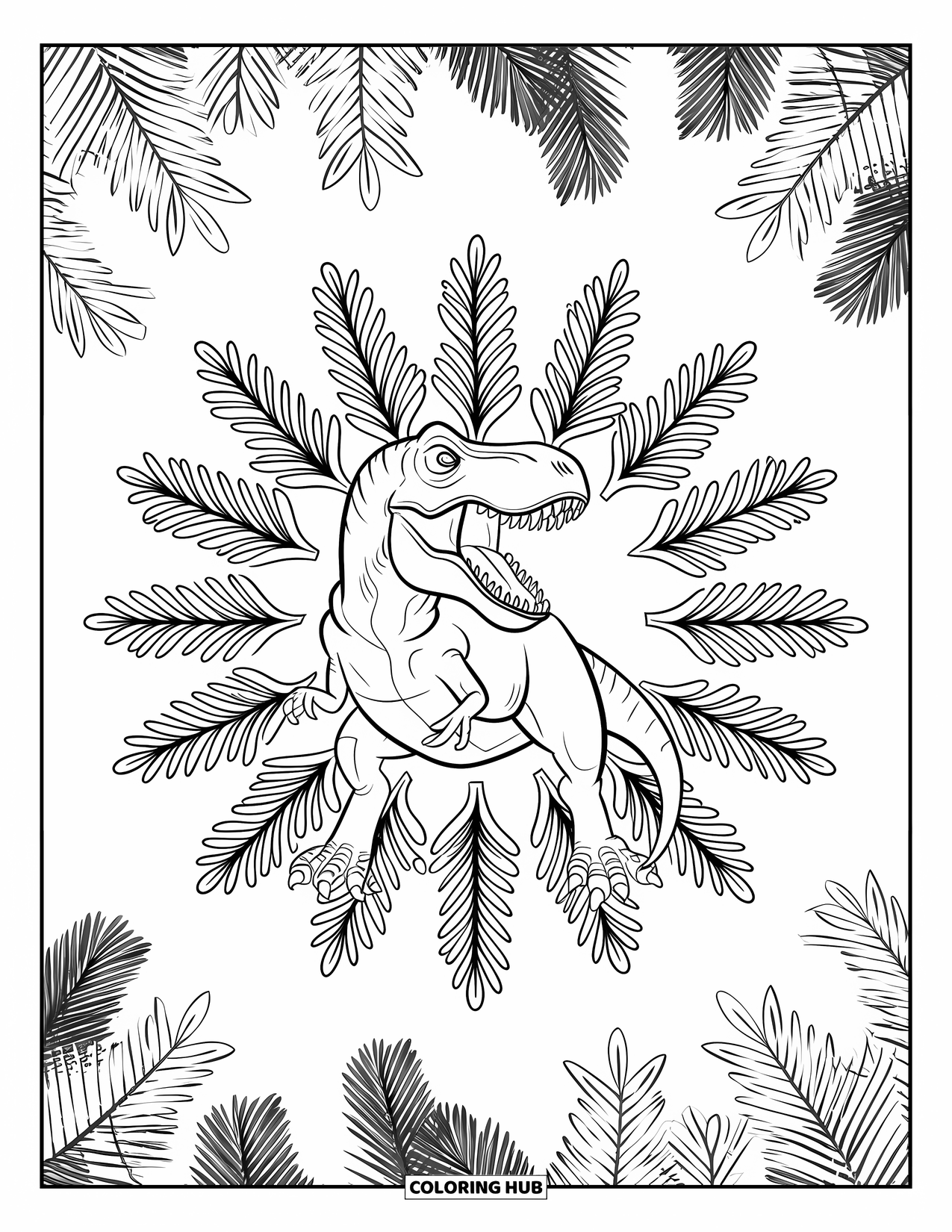 Christmas Dinosaur Coloring Page for Adults: A roaring T-Rex inside a fir branch starburst with borders