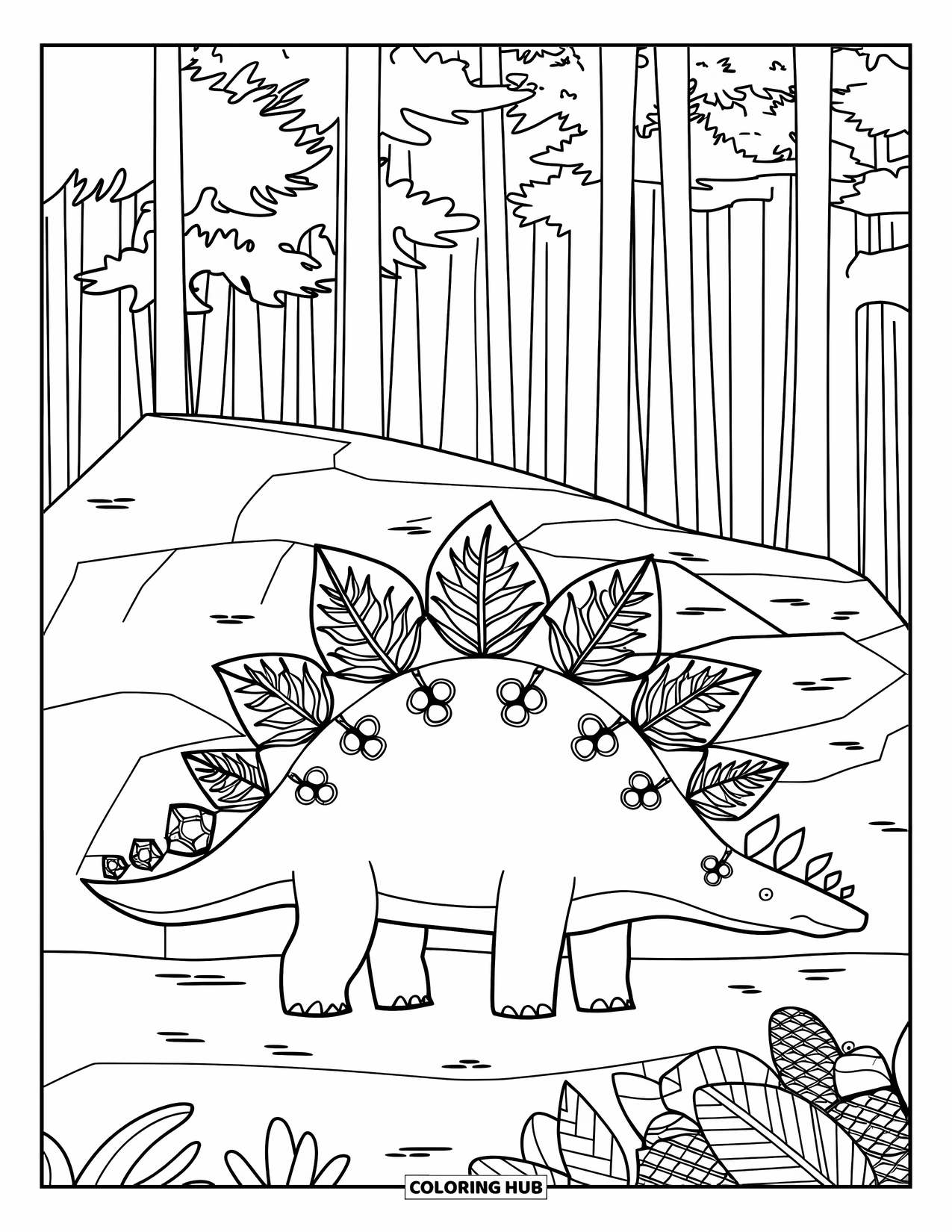 Christmas Dinosaur Coloring Page for Adults: A Stegosaurus framed by mandala petals of pinecones and mistletoe