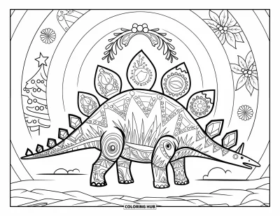 Vánoční omalovánka dinosaura pro dospělé: Stegosaurus stojí na skalnatém terénu obklopený vánočními motivy a květinami