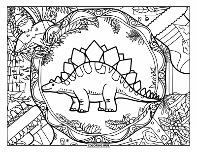 Vánoční omalovánka dinosaura pro dospělé: Stegosaurus obklopený kruhy vánočních motivů a lístky cesmíny