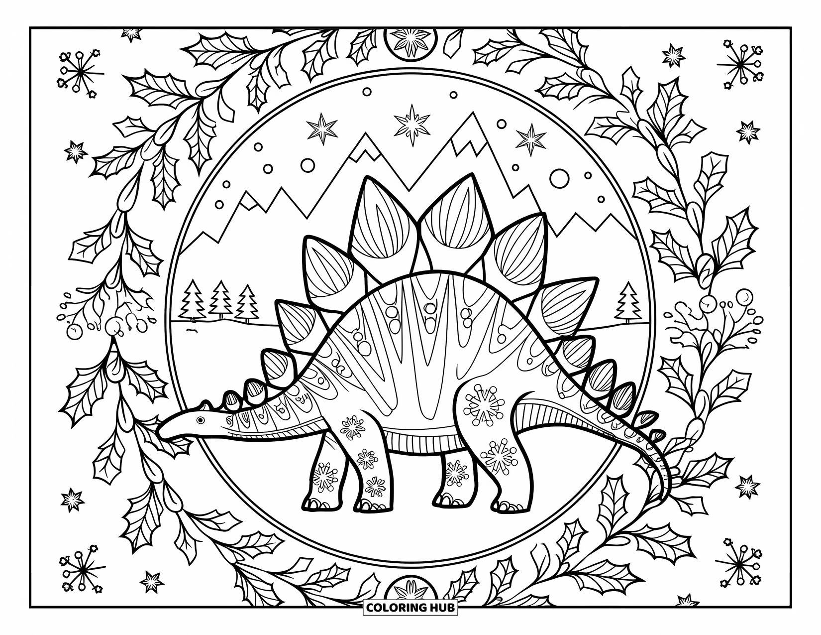 Christmas Dinosaur Coloring Page for Adults: A Stegosaurus with Christmas mandalas and holly in a snowy landscape